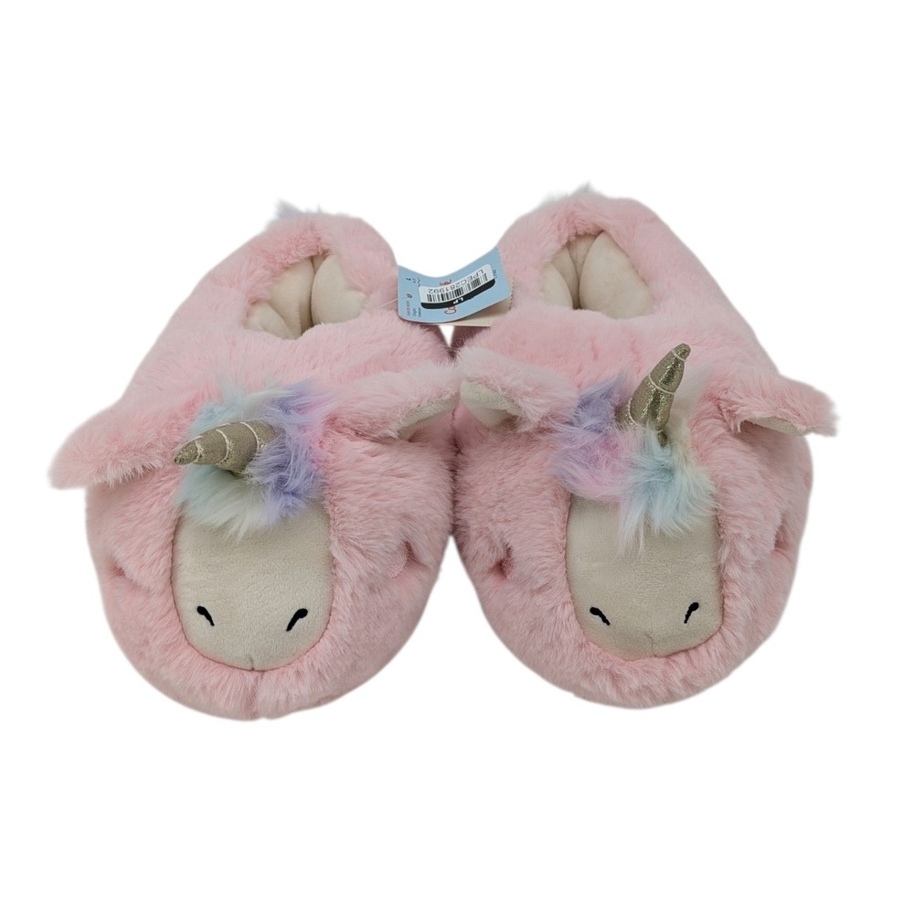 Cat & Jack Kids Pink Faux Fur Unicorn Slippers Size L 4/5 New With Tags